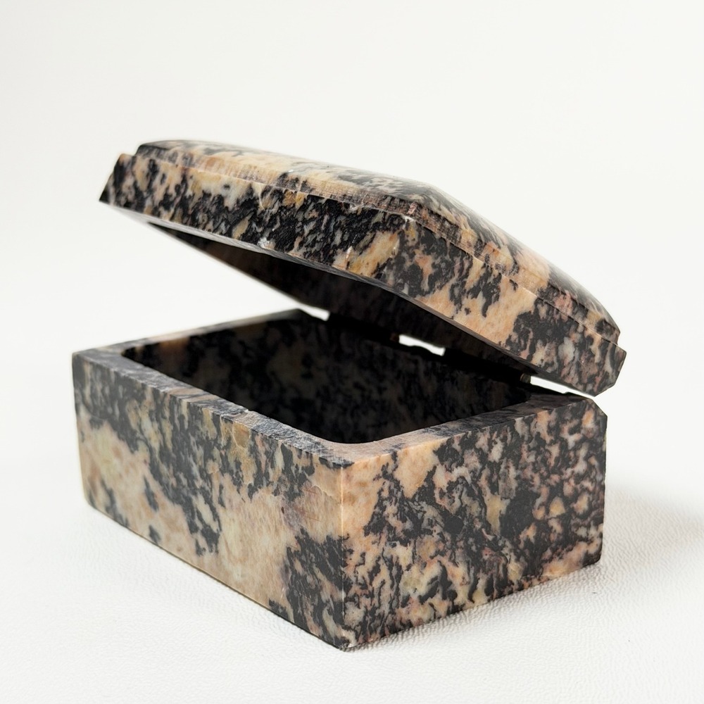 Vintage Granite Stone Trinket Box Tan Black Polished Marble Mini Chest